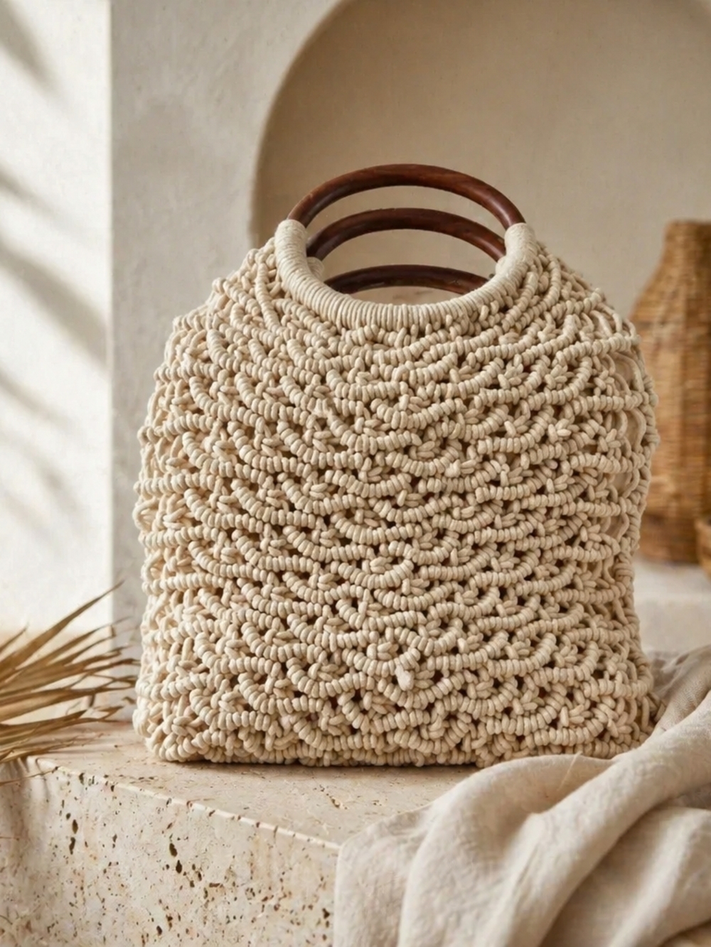 Sigrid Olsen Cream Macramé Tote with Wooden Handles